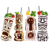 Vinbcorw Taza Tiki Juego de tazas Tiki Juego de vasos Tiki Juego de 4 vasos de cóctel de cerámica hawaiana para fiestas, vasos de cóctel exóticos, barware de fiesta hawaiano profesional Tiki Bar, beige